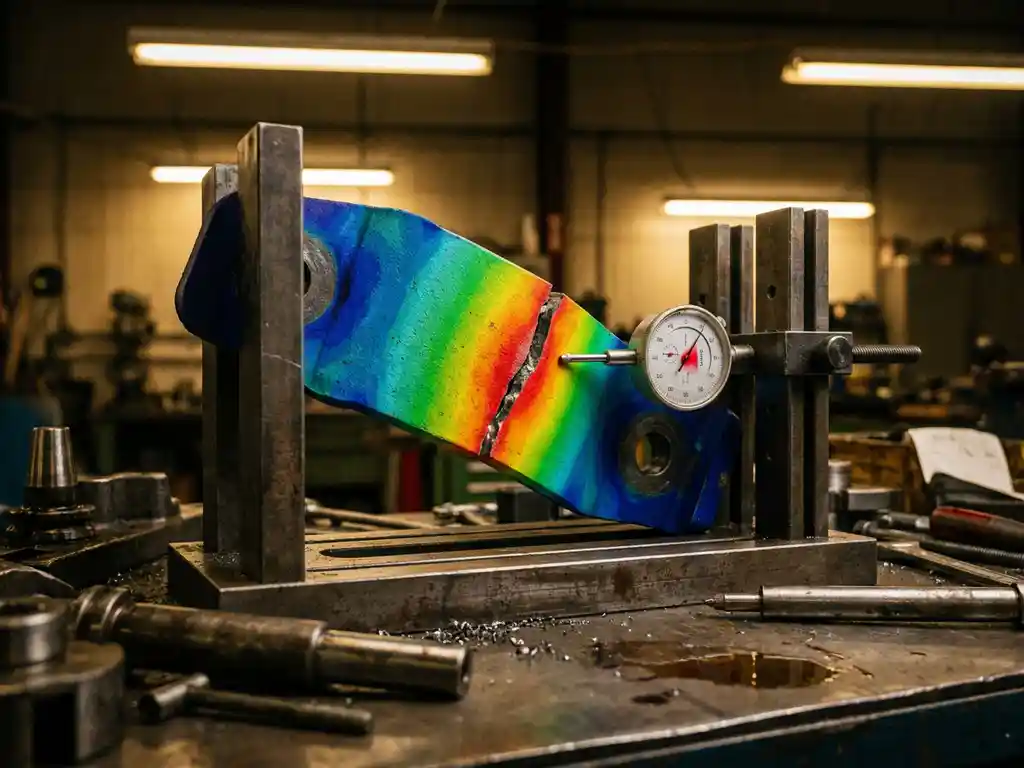 Gebrochene Metallhalterung in Spannungs-Heatmap-Farben im Prüfstand mit Messuhr zur Durchbiegungsmessung.