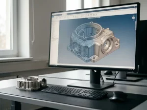 CAD-Modell eines komplexen Metallbauteils auf Monitor, daneben physischer Prototyp auf dem Schreibtisch eines Ingenieurbüros.