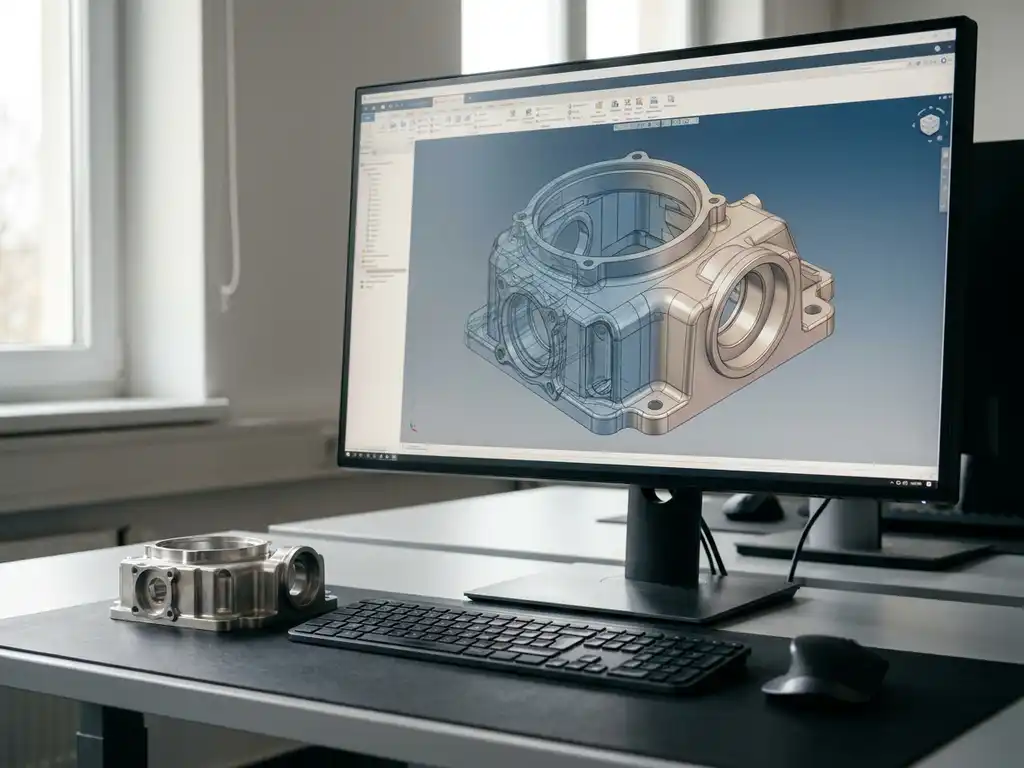 CAD-Modell eines komplexen Metallbauteils auf Monitor, daneben physischer Prototyp auf dem Schreibtisch eines Ingenieurbüros.