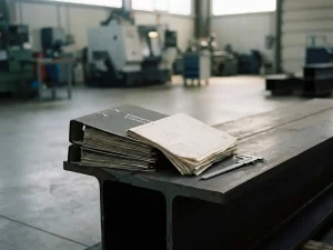 Stapel DIN-Normbücher auf einem Stahl-I-Träger mit Präzisionsschieblehre, industrieller Werkstatthintergrund mit poliertem Betonboden.