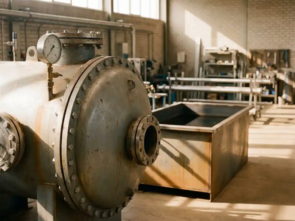 Industrieller Druckbehälter mit Manometer und Flanschverbindungen neben offenem Tank in einer Fabrikhalle.