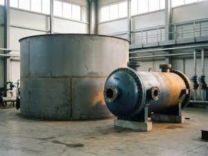 Industrieller Lagertank neben einem Druckbehälter mit Flanschverbindungen auf Betonboden in einer Fabrikhalle.