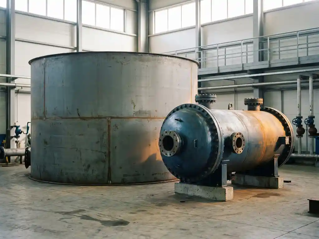 Industrieller Lagertank neben einem Druckbehälter mit Flanschverbindungen auf Betonboden in einer Fabrikhalle.
