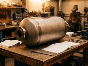 Industrieller Druckbehälter mit Schweißnähten und Flanschverbindungen auf Werkbank, umgeben von technischen Normdokumenten und Stahlmaßstäben.