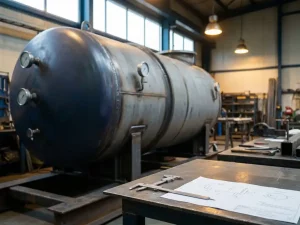 Industrieller Druckbehälter mit Schweißnähten und Manometern in einer Werkstatt, Messschieber und Berechnungsblatt auf Stahlwerkbank.