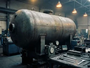 Industrieller Stahldruckbehälter in einer Fertigungsanlage, umgeben von Messinstrumenten und Schieblehren auf Metalloberfläche.