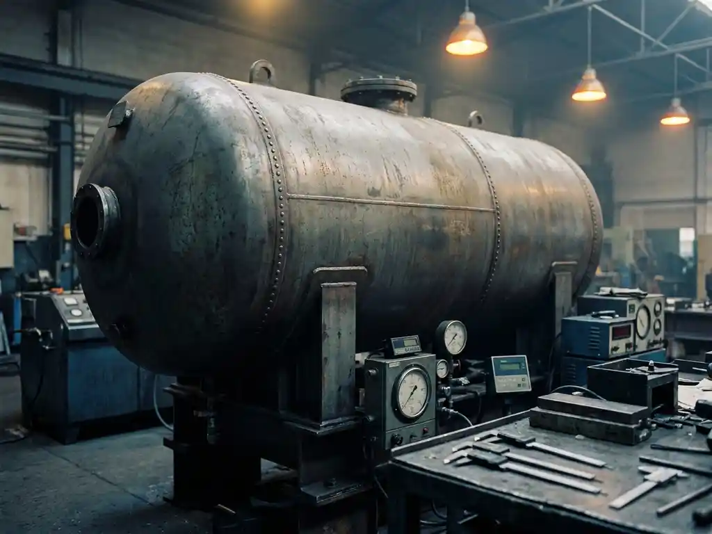 Industrieller Stahldruckbehälter in einer Fertigungsanlage, umgeben von Messinstrumenten und Schieblehren auf Metalloberfläche.