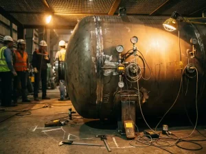 Großer Industriestahlbehälter mit sichtbaren Schweißnähten und Druckarmaturen unter Werkstattbeleuchtung, umgeben von Messwerkzeugen.
