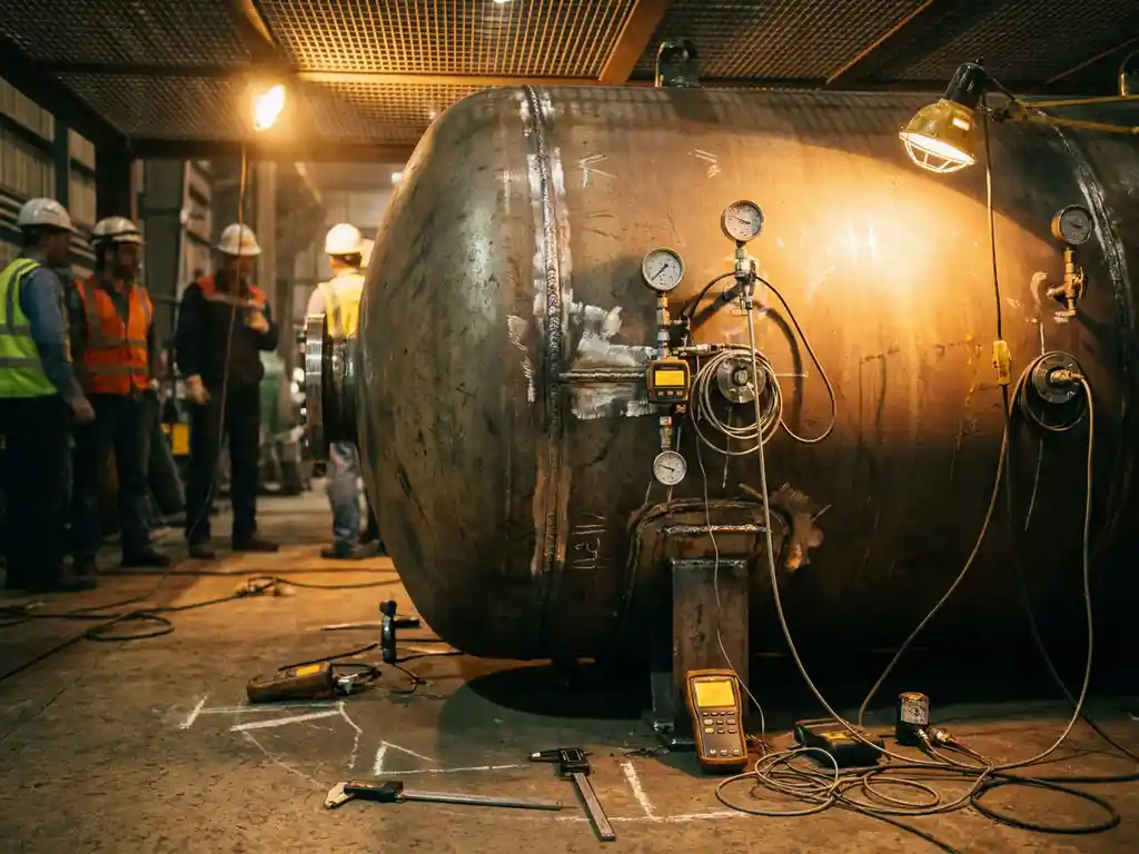 Großer Industriestahlbehälter mit sichtbaren Schweißnähten und Druckarmaturen unter Werkstattbeleuchtung, umgeben von Messwerkzeugen.