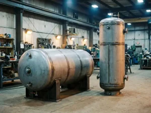 Horizontaler Stahltank auf Sattelstützen neben einem vertikalen Druckbehälter in einer Industriewerkstatt mit sichtbaren Schweißnähten.