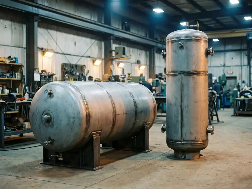Horizontaler Stahltank auf Sattelstützen neben einem vertikalen Druckbehälter in einer Industriewerkstatt mit sichtbaren Schweißnähten.