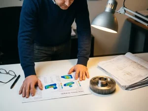 Maschinenbauingenieur analysiert FEM-Spannungsanalyse am Schreibtisch neben präzisionsgefertigtem Metallbauteil und technischen Zeichnungen.