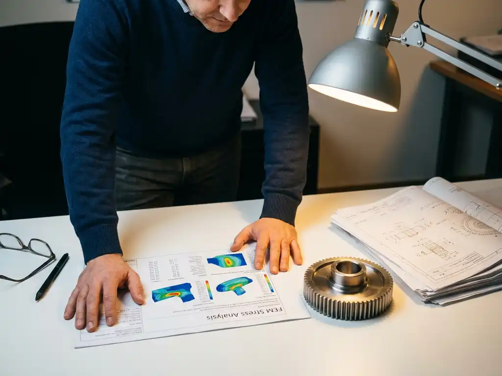 Maschinenbauingenieur analysiert FEM-Spannungsanalyse am Schreibtisch neben präzisionsgefertigtem Metallbauteil und technischen Zeichnungen.