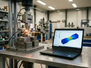 Metallbauteil im Prüfstand neben Laptop mit FEM-Spannungssimulation in deutschen Ingenieurlabor auf Stahlwerkbank.