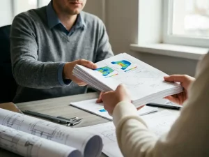Maschinenbauingenieur reicht FEM-Simulationsausdrucke mit Spannungsanalyse-Farbkarten über einen Schreibtisch, Messschieber und CAD-Zeichnungen daneben.
