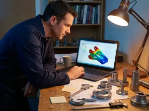 Maschinenbauingenieur analysiert FEM-Spannungssimulation eines Metallbauteils auf Laptop, umgeben von Stahlkomponenten und Messschieber.