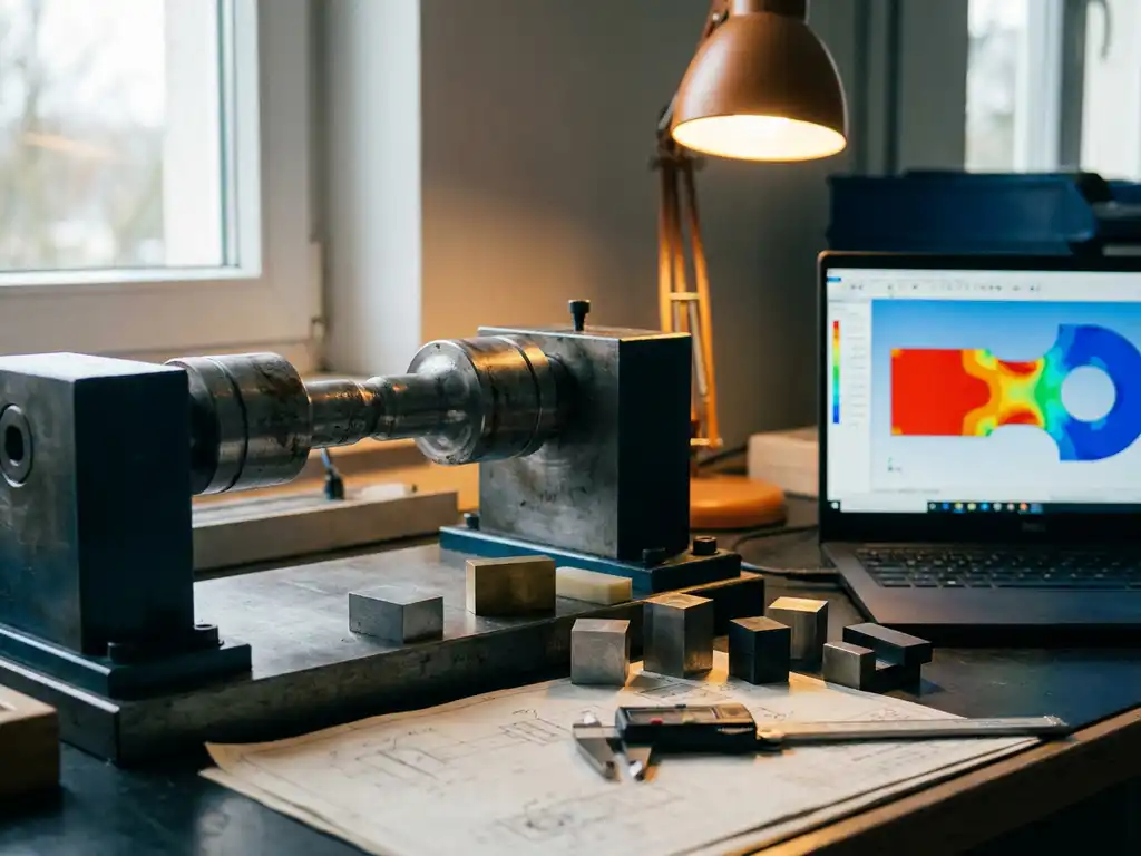 FEM-Stressanalyse auf Laptop-Bildschirm mit Wärmekarte, umgeben von Materialproben und Präzisionsmessern auf Ingenieursarbeitsplatz.
