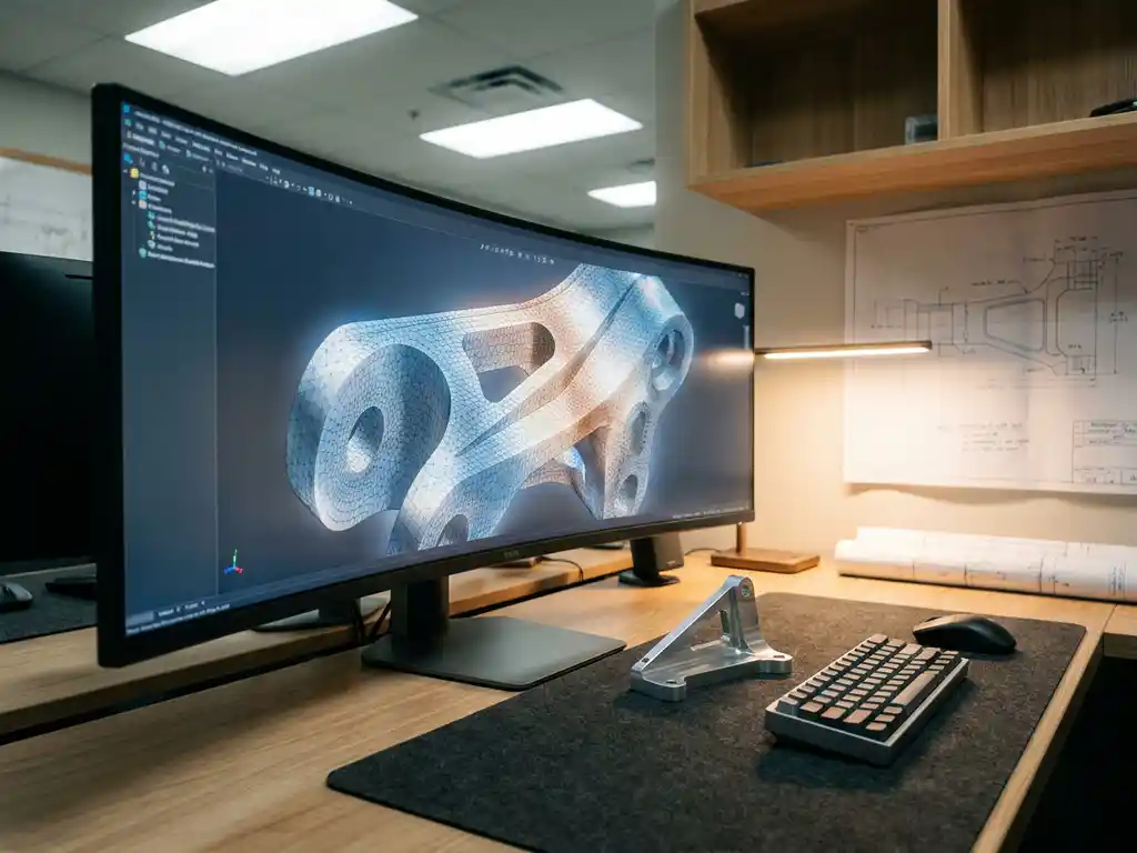 Finite-Elemente-Netz auf Monitor in Ingenieurbüro, Metallwinkel und technische Zeichnungen auf dem Schreibtisch.