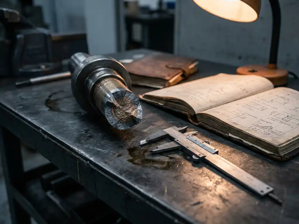 Gebrochener Metallschaft im Querschnitt mit sichtbaren Stressschichten, neben Präzisionsmessschieber und Ingenieursnotizbüchern auf Stahlwerkbank.