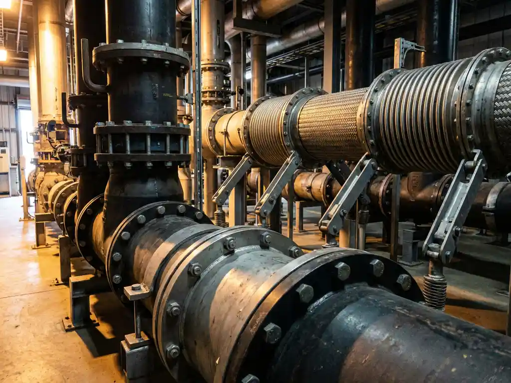 Industrielles Rohrsystem mit Stahlflanschen, Halterungen und flexiblen Dehnungsausgleichern in einer modernen Maschinenanlage.