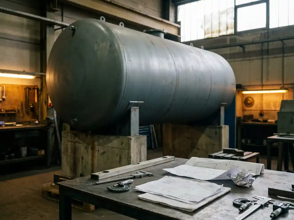 Großer Industrietank auf Betonfundament, umgeben von Ingenieurwerkzeugen und Berechnungsunterlagen auf einer Stahlwerkbank.