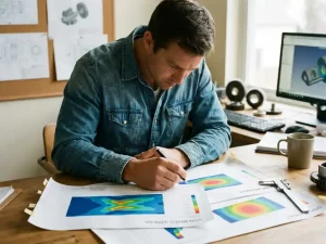 Maschinenbauingenieur analysiert FEM-Spannungsanalyse mit Wärmekarten-Simulation auf technischem Schreibtisch, Präzisionsschieblehre daneben.