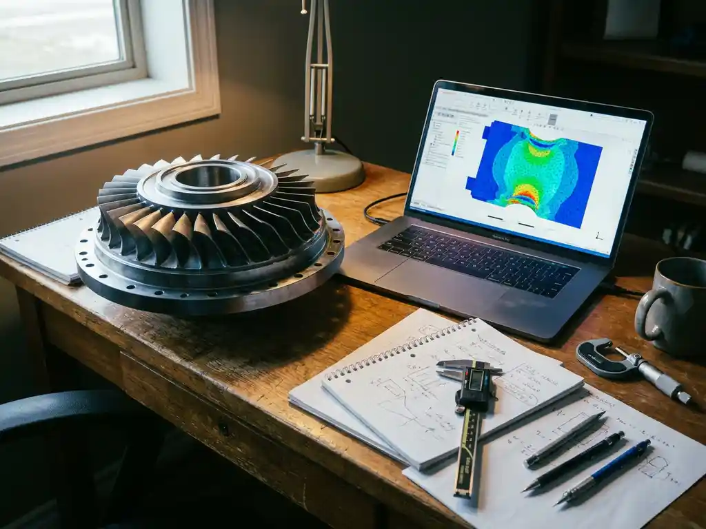 Turbinenbauteil aus Metall auf Ingenieursschreibtisch neben Laptop mit Finite-Elemente-Analyse, Notizbücher und Messschieber im Vordergrund.