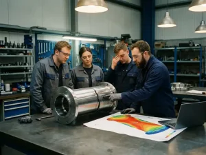 Ingenieurteam analysiert Bruchzone an Metallbauteil auf Werkstatttisch neben Spannungssimulations-Ausdruck.