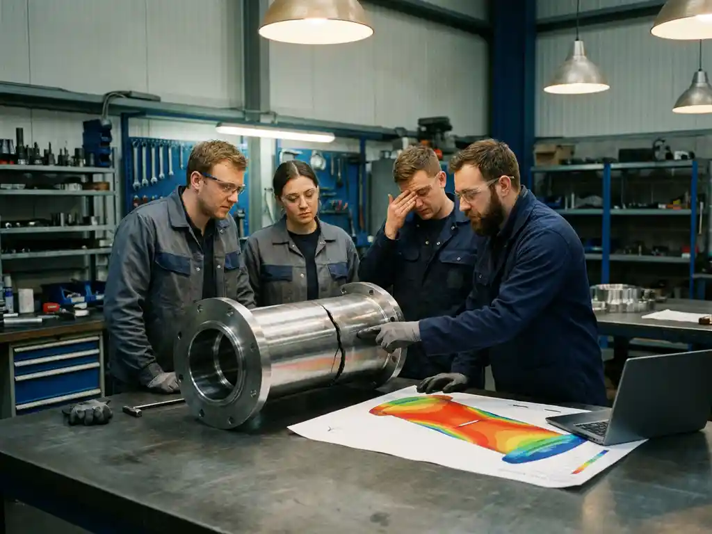 Ingenieurteam analysiert Bruchzone an Metallbauteil auf Werkstatttisch neben Spannungssimulations-Ausdruck.