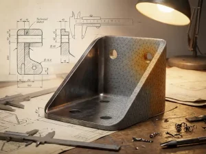 Metallwinkel auf Werkbank, halb als technische Handskizze mit Messschieber, halb als FEM-Netzmodell mit Dreiecksgitter, warmes Industrielicht.
