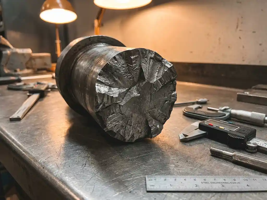 Gebrochene Metallwelle im Querschnitt mit Ermüdungsrissen, umgeben von Präzisionsmesswerkzeugen auf einem Stahltisch.