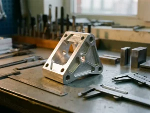 Präzisionsgefertigtes Aluminium-Bauteil auf Werkbank, umgeben von Messschiebern und Stahlwerkzeugen im warmen Licht.