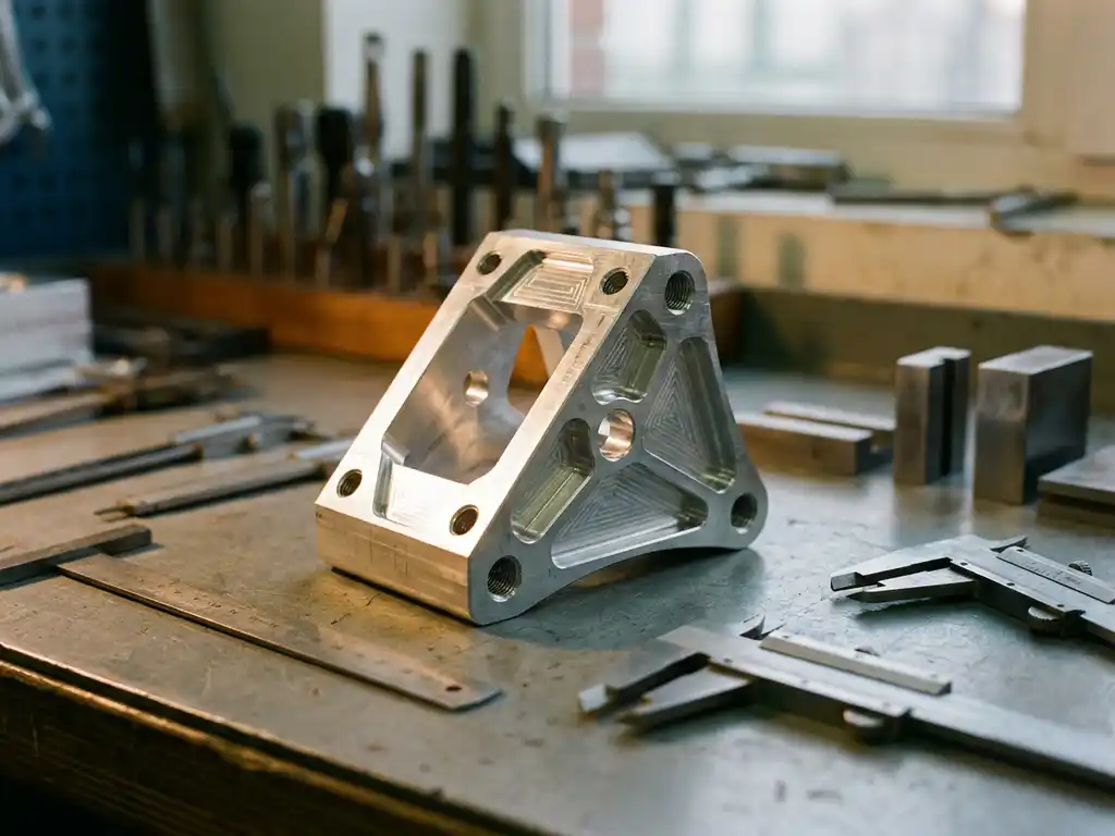 Präzisionsgefertigtes Aluminium-Bauteil auf Werkbank, umgeben von Messschiebern und Stahlwerkzeugen im warmen Licht.