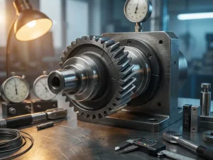 Präzisionsgefertigtes Metallteil in Prüfvorrichtung mit Messinstrumenten und Kalibrierungswerkzeug auf Stahloberfläche.