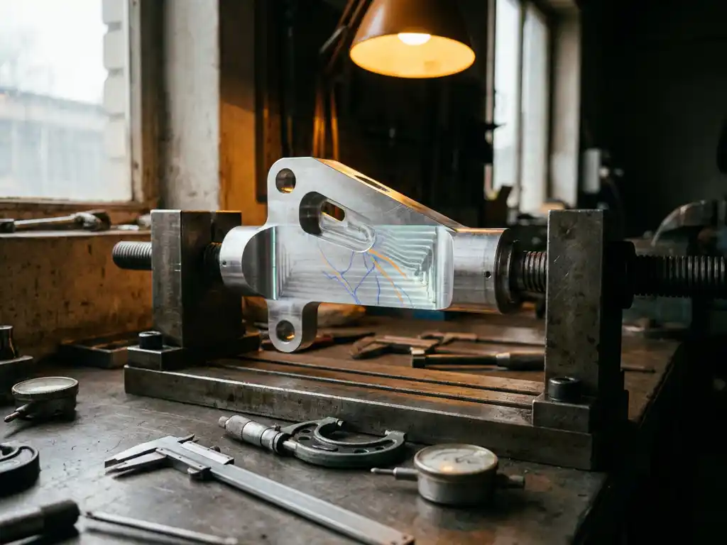 Präzisionsgefertigtes Metallteil in Prüfvorrichtung auf Werkbank, umgeben von Messschiebern mit sichtbaren Spannungsrissen auf der Oberfläche.