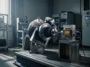 Präzisionsgefertigtes Metallteil im Schwingungsprüfstand mit bewegungsverschwommenen Halterarmen und scharfer Kraftmessdose im Industrielabor.