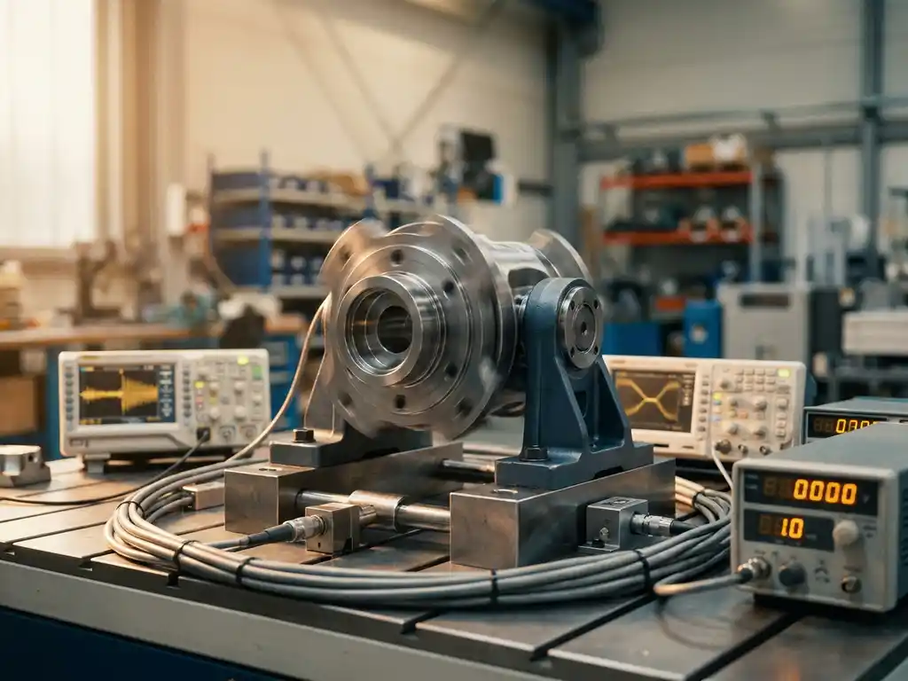 Präzisionsgefertigtes Metallteil auf Schwingungsprüfstand mit Bewegungsunschärfe, umgeben von Messtechnik in industrieller Werkstattumgebung.