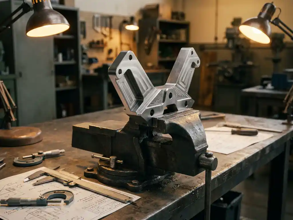 Präzisionsgefertigtes Stahlbauteil im Schraubstock, umgeben von Messschiebern und technischen Zeichnungen auf einer Werkbank.