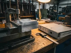 Präzisionsgefertigtes Metallteil in Stahlprüfvorrichtung eingespannt, mit Messschieber und DIN-Normenordner auf Werkbank.