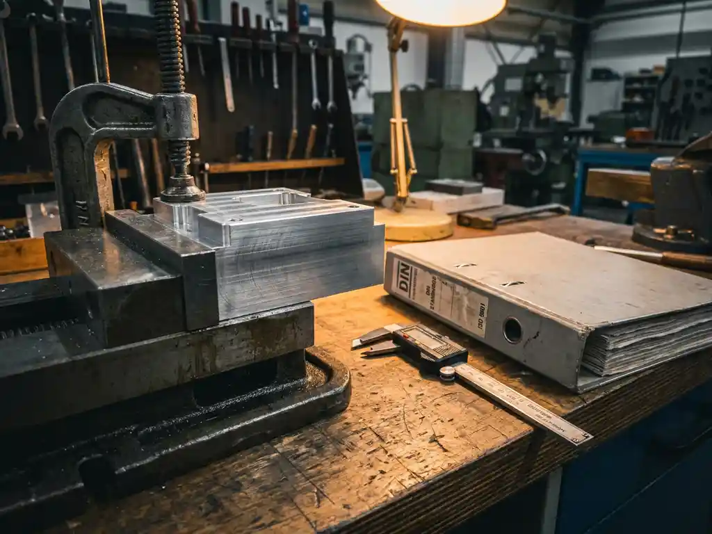 Präzisionsgefertigtes Metallteil in Stahlprüfvorrichtung eingespannt, mit Messschieber und DIN-Normenordner auf Werkbank.