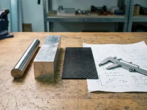 Polierter Stahlstab, Aluminiumblock und Carbonfaserplatte auf Werkbank mit Präzisionsschieblehre und technischer Berechnungszeichnung.