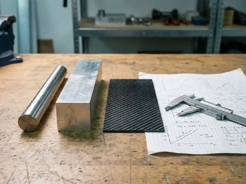 Polierter Stahlstab, Aluminiumblock und Carbonfaserplatte auf Werkbank mit Präzisionsschieblehre und technischer Berechnungszeichnung.