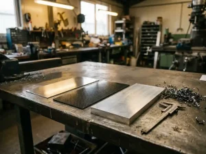 Poliertes Edelstahlblech, Carbonfaser-Panel und Aluminiumplatte auf Werkstattbank mit Metallspänen und Messschieber.