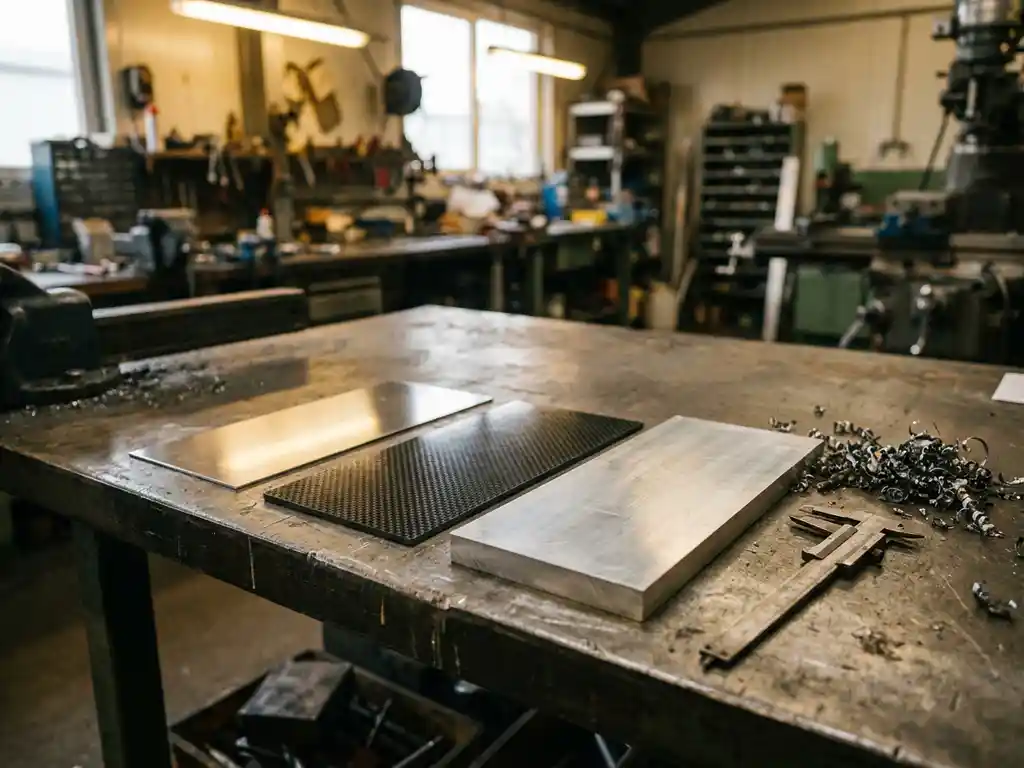 Poliertes Edelstahlblech, Carbonfaser-Panel und Aluminiumplatte auf Werkstattbank mit Metallspänen und Messschieber.