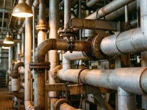 Industrielles Rohrleitungsnetz mit Flanschen, Bögen und Halterungen unter mechanischer Belastung in einer Verarbeitungsanlage.