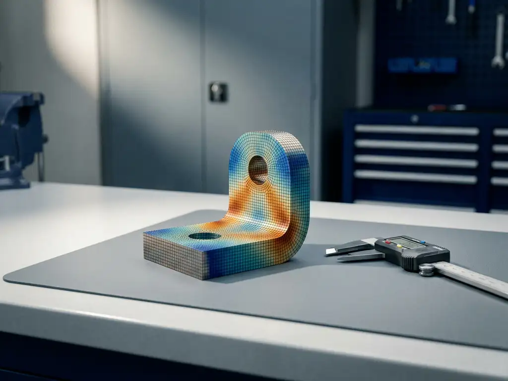 Metallwinkel im FEM-Querschnitt mit Spannungsverteilung, Amber-Zonen zeigen Konzentrationen, blaue Bereiche niedrige Last, Präzisionsmessschieber daneben.