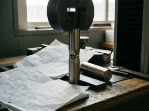 Stahlprobe beim Zugversuch mit sichtbarer Einschnürung, eingespannt in Prüfmaschine, Berechnungsblätter im Hintergrund.