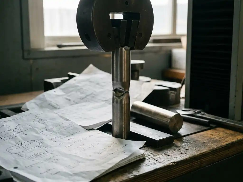 Stahlprobe beim Zugversuch mit sichtbarer Einschnürung, eingespannt in Prüfmaschine, Berechnungsblätter im Hintergrund.