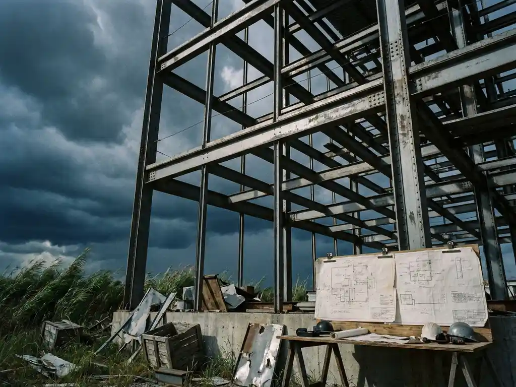 Massives Stahlgerüst auf Industriegelände bei Sturm, Technische Zeichnungen auf Werkbank, dramatische Gewitterwolken im Hintergrund.