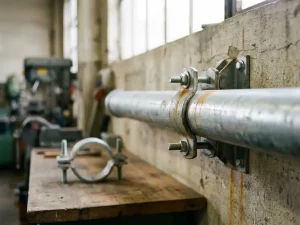 Stahlrohr mit Metallschelle an Betonwand befestigt, zweite Rohrschelle im Vordergrund, industrielle Werkstattumgebung.